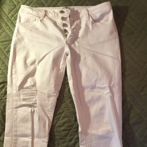 Button fly white skinny jeans raw hem sz 29